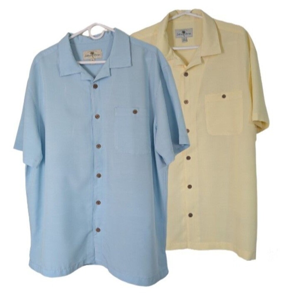 LOT OF 2 Island Shores Button Shirt S/S Mens XL Blue Yellow Solid Pocket Woven